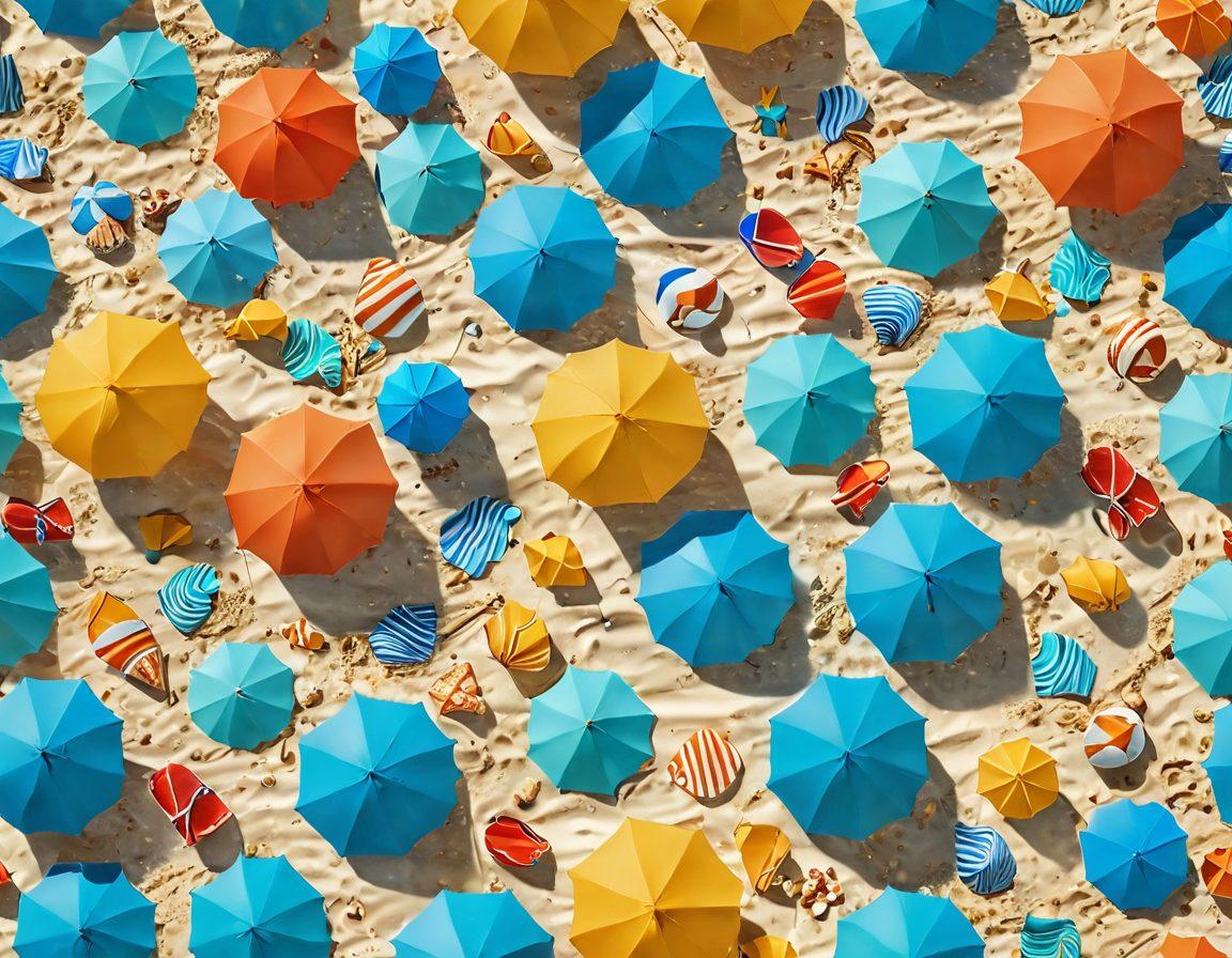 A stunning beach scene capturing golden sands and turquoise waves under a bright blue sky, featuring a vibrant beach umbrella and stylish sunbathers with colorful beachwear. Include elements like seashells and beach toys scattered on the sand, with a soft-focus effect on the horizon to evoke a dreamy summer vibe. super-realistic. vibrant colors. 3D.