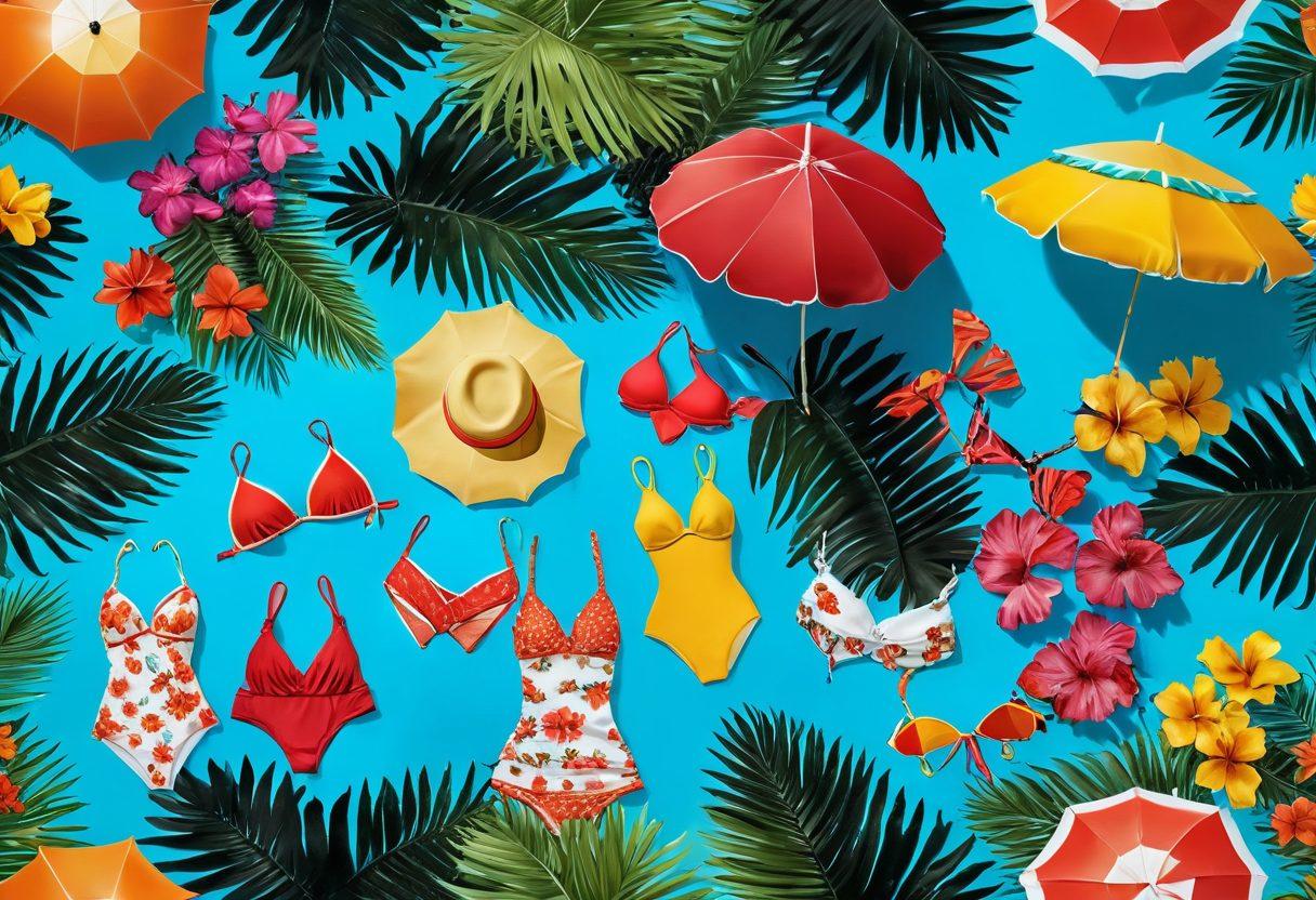 A stylish beach scene featuring a variety of chic bikinis and elegant beachwear on mannequins, surrounded by vibrant tropical plants and sun loungers. The sunlight glistens on the ocean waves in the background, creating a welcoming atmosphere. Add a colorful beach umbrella for a playful touch. super-realistic. vibrant colors. bright, sunny background.